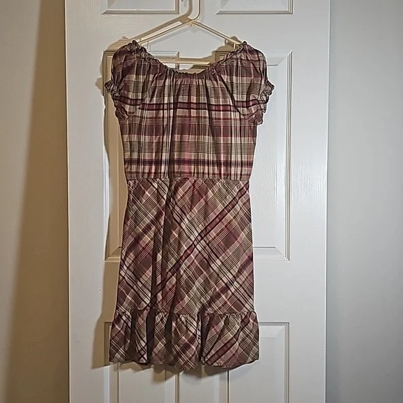 Converse Short Sleeve Plaid Earth Tone Cotton Ruffle Trim Dress Size M - Picture 4 of 8